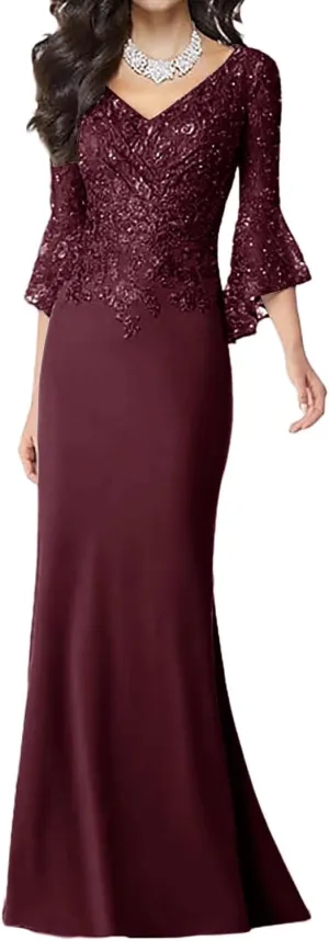 Lace Mother of The Bride Dresses for Women 3/4 Sleeve Appliques Mermaid Floor Length Formal Evening Dresses V Neck