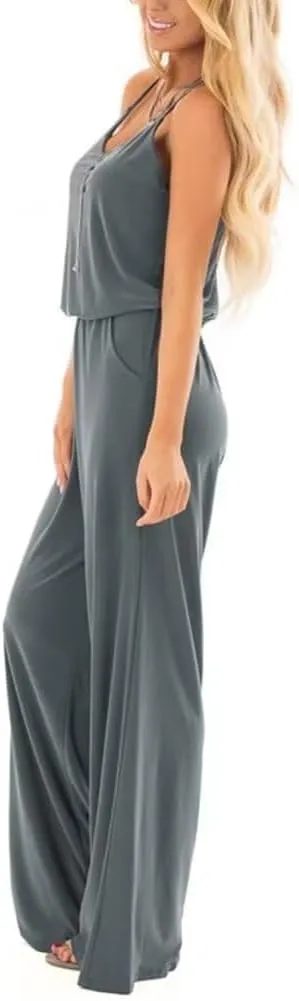 Lacozy Womens Casual Loose Sleeveless Spaghetti Strap Wide Leg Pants Jumpsuit Rompers