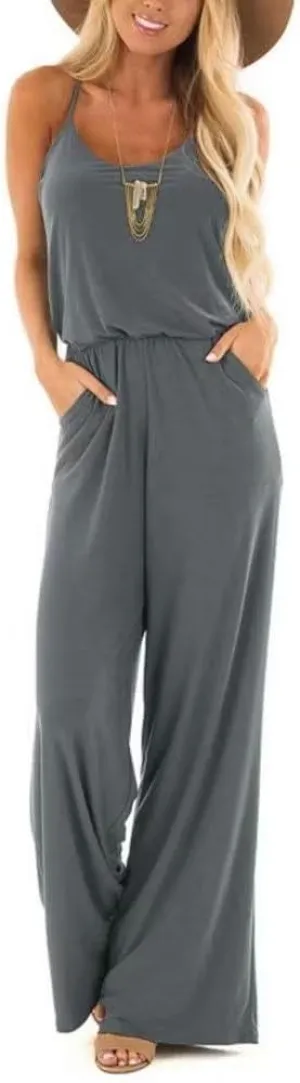 Lacozy Womens Casual Loose Sleeveless Spaghetti Strap Wide Leg Pants Jumpsuit Rompers