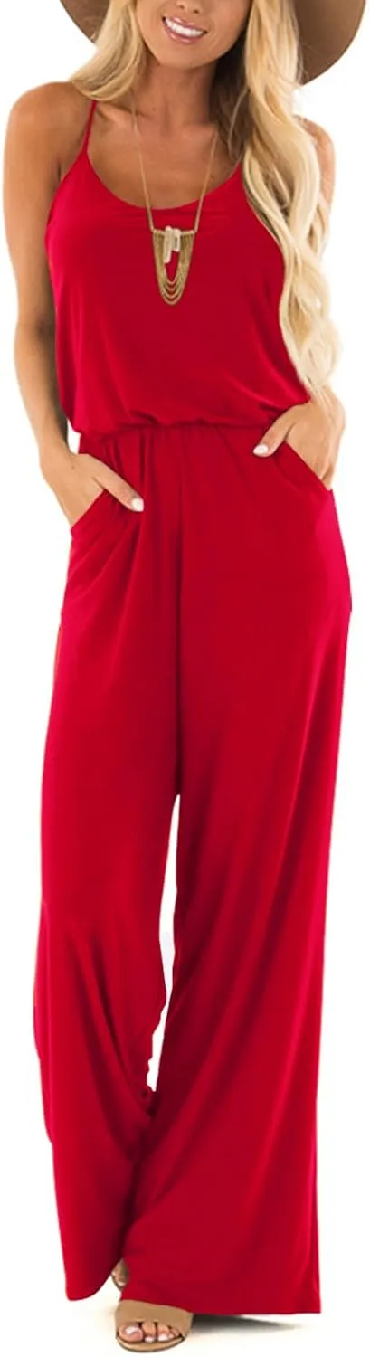 Lacozy Womens Casual Loose Sleeveless Spaghetti Strap Wide Leg Pants Jumpsuit Rompers