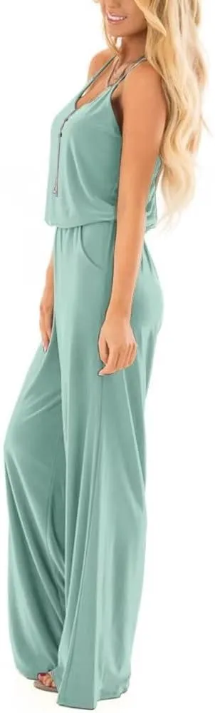 Lacozy Womens Casual Loose Sleeveless Spaghetti Strap Wide Leg Pants Jumpsuit Rompers