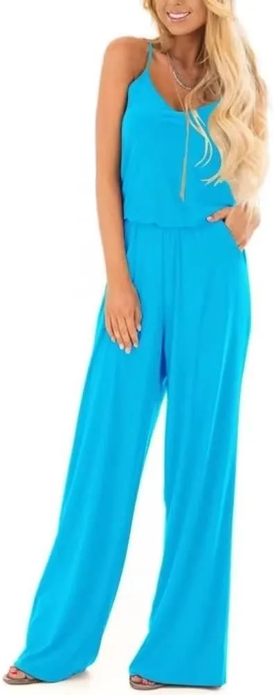 Lacozy Womens Casual Loose Sleeveless Spaghetti Strap Wide Leg Pants Jumpsuit Rompers