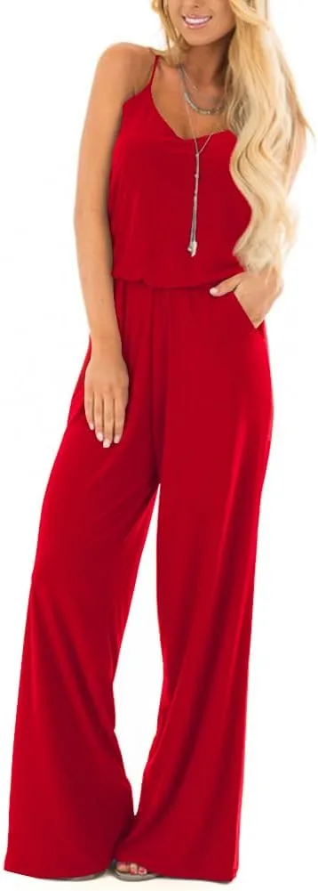 Lacozy Womens Casual Loose Sleeveless Spaghetti Strap Wide Leg Pants Jumpsuit Rompers