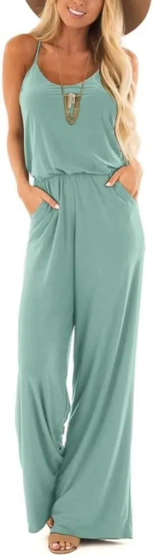 Lacozy Womens Casual Loose Sleeveless Spaghetti Strap Wide Leg Pants Jumpsuit Rompers