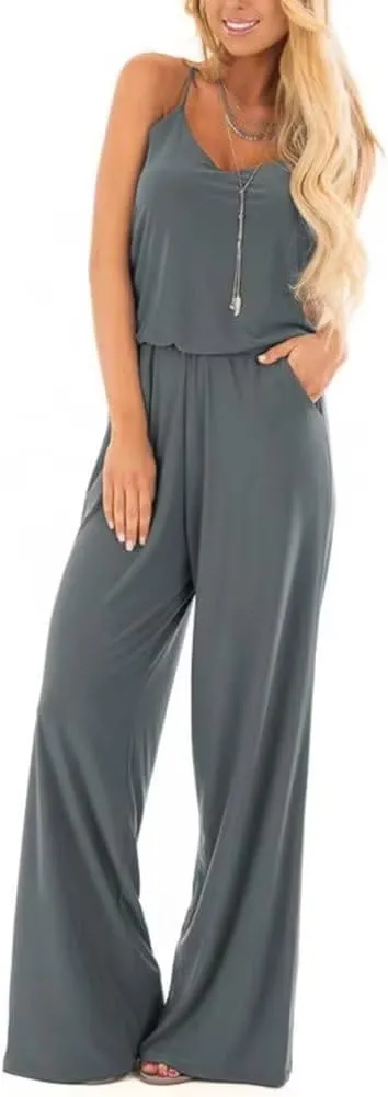 Lacozy Womens Casual Loose Sleeveless Spaghetti Strap Wide Leg Pants Jumpsuit Rompers
