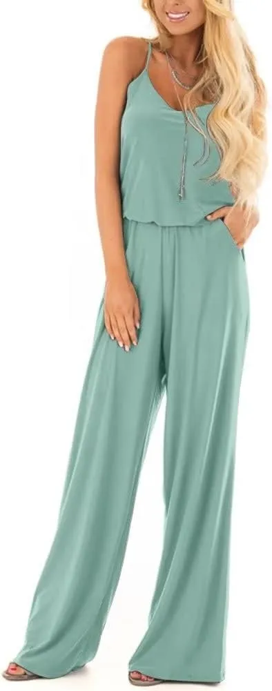 Lacozy Womens Casual Loose Sleeveless Spaghetti Strap Wide Leg Pants Jumpsuit Rompers