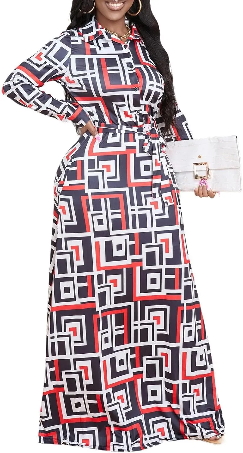 LaiyiVic Maxi Dress for Women Casual Long Sleeve Button Down Floor Length V-Neck Long Dress with Belt