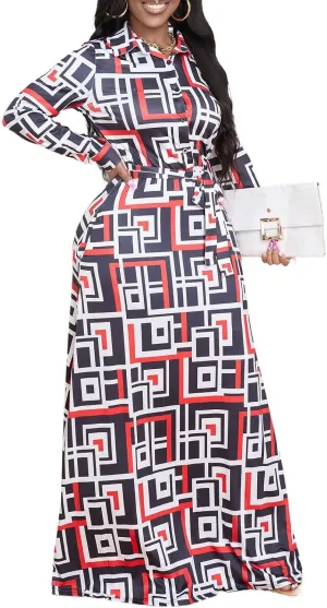 LaiyiVic Maxi Dress for Women Casual Long Sleeve Button Down Floor Length V-Neck Long Dress with Belt