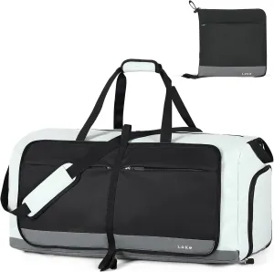 Lekesky Foldable Travel Duffle Bag for Women, Large Duffel Bag with Separate Shoes Compartments & Straps, Carry On Weekend Bag for Women, Hospital, Overnight (Grey & Brown, 80L)