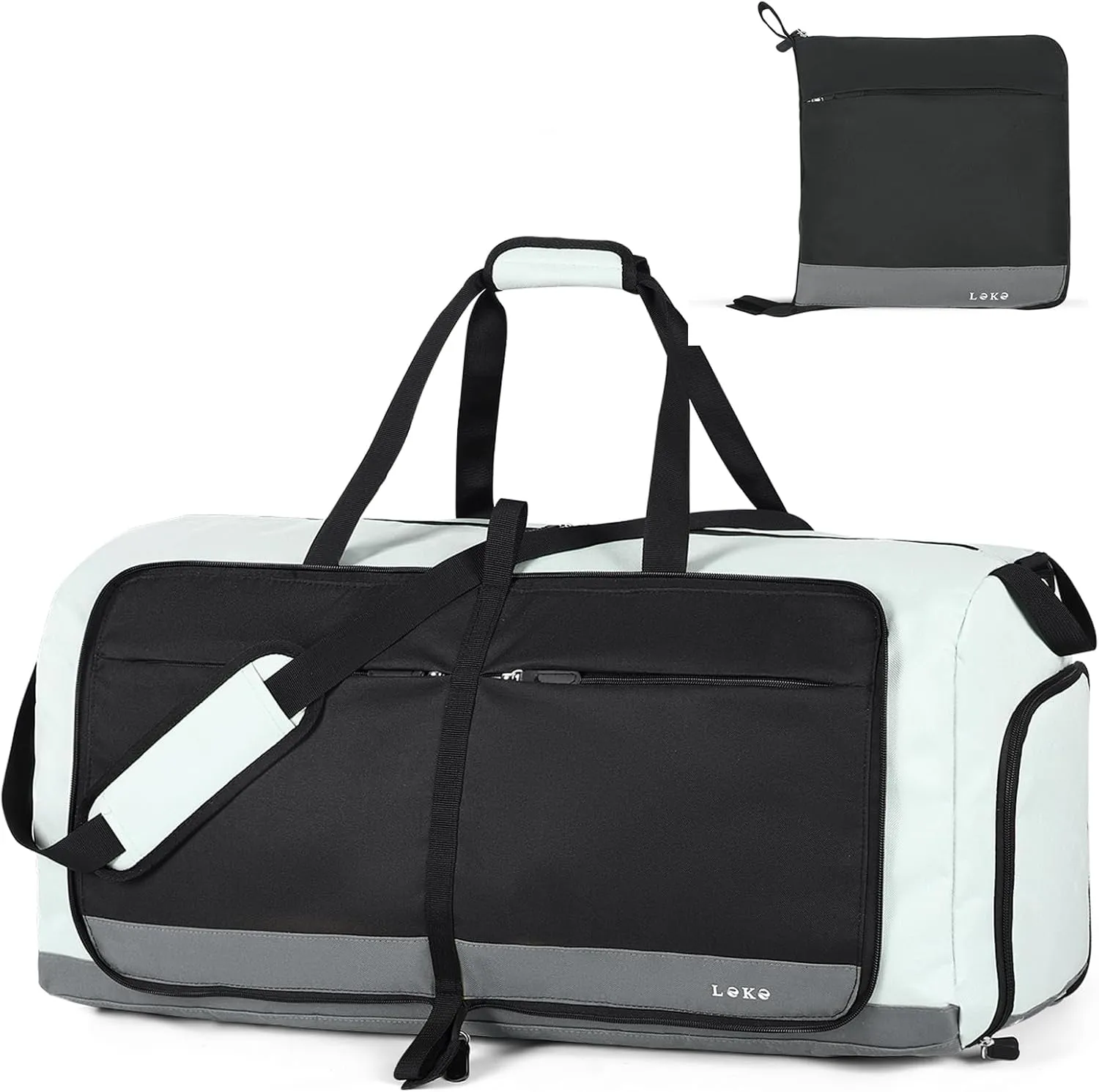 Lekesky Foldable Travel Duffle Bag for Women, Large Duffel Bag with Separate Shoes Compartments & Straps, Carry On Weekend Bag for Women, Hospital, Overnight (Grey & Brown, 80L)
