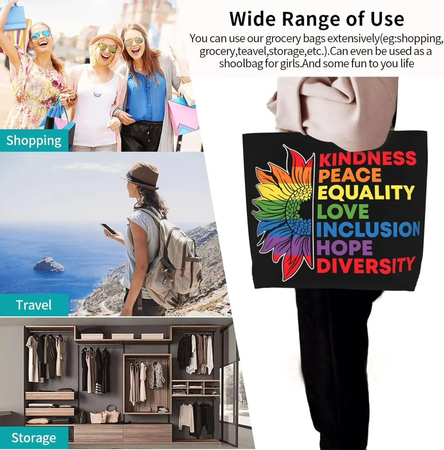LGBT Pride Rainbow Gay allyship Heart Women's Tote Bag Large Capacity Single Shoulder Bags Handbag for Shopping Work