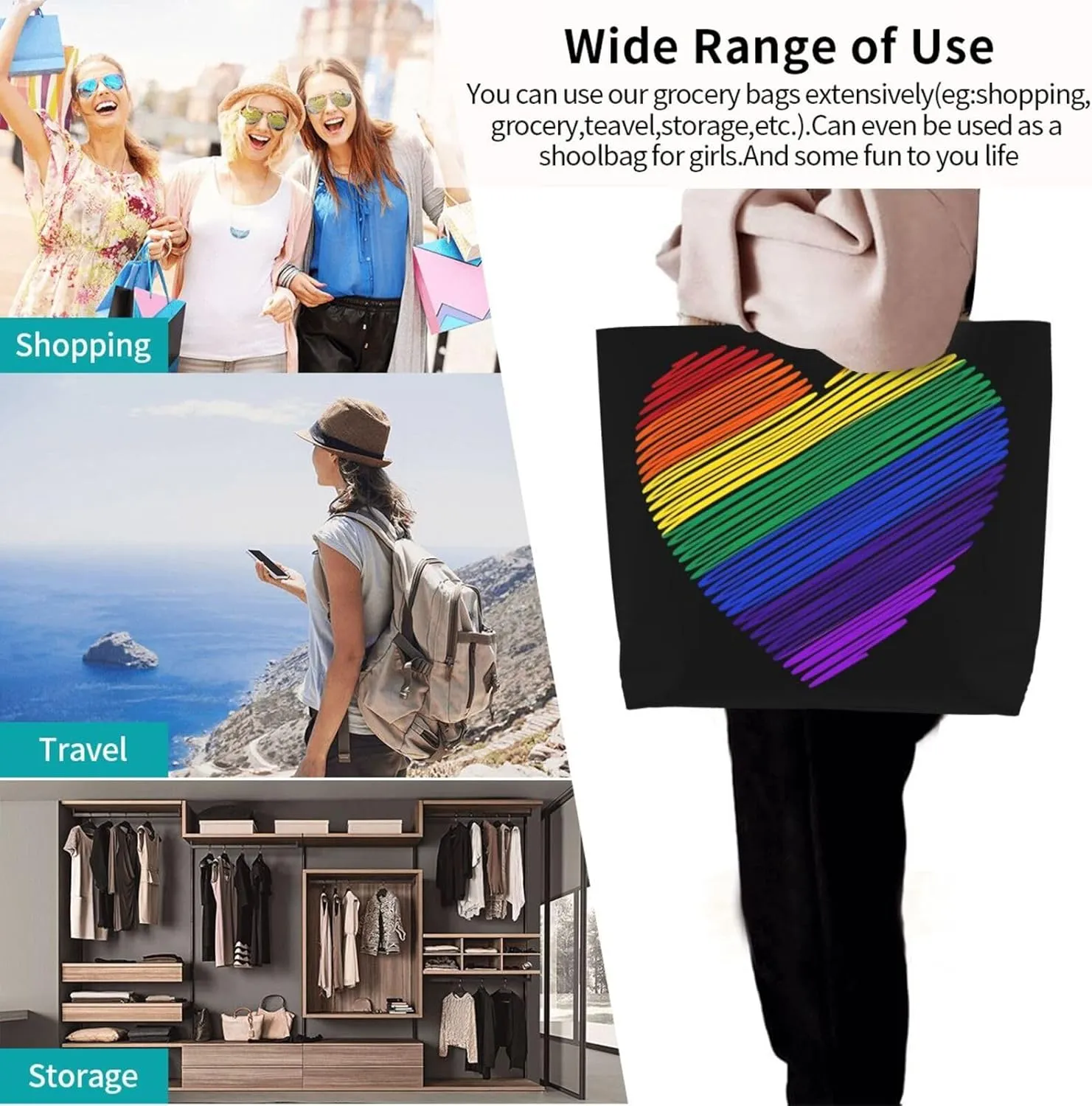 LGBT Pride Rainbow Gay allyship Heart Women's Tote Bag Large Capacity Single Shoulder Bags Handbag for Shopping Work
