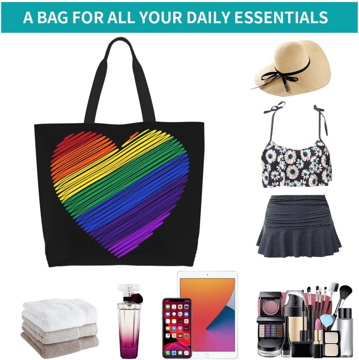 LGBT Pride Rainbow Gay allyship Heart Women's Tote Bag Large Capacity Single Shoulder Bags Handbag for Shopping Work