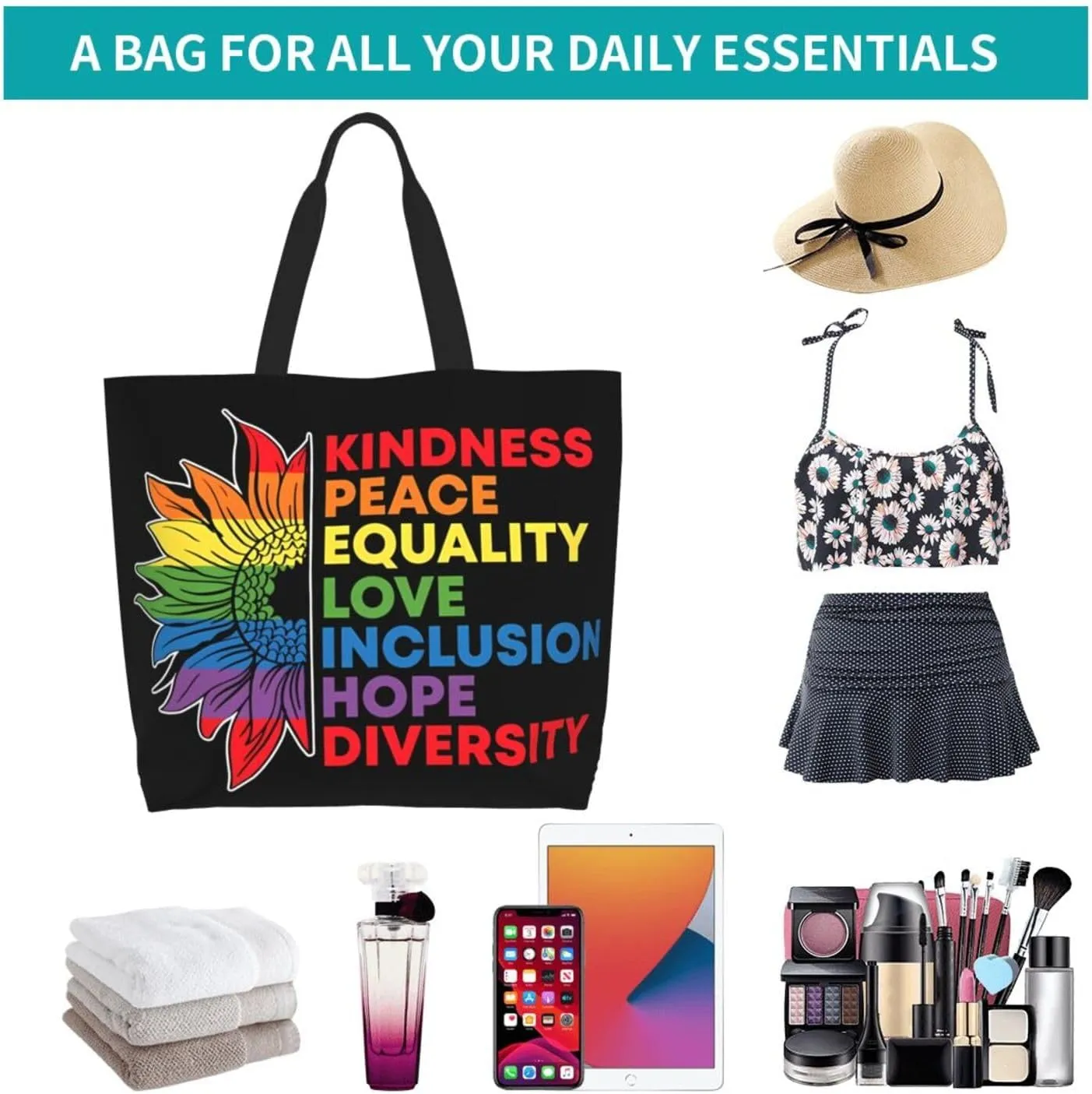 LGBT Pride Rainbow Gay allyship Heart Women's Tote Bag Large Capacity Single Shoulder Bags Handbag for Shopping Work
