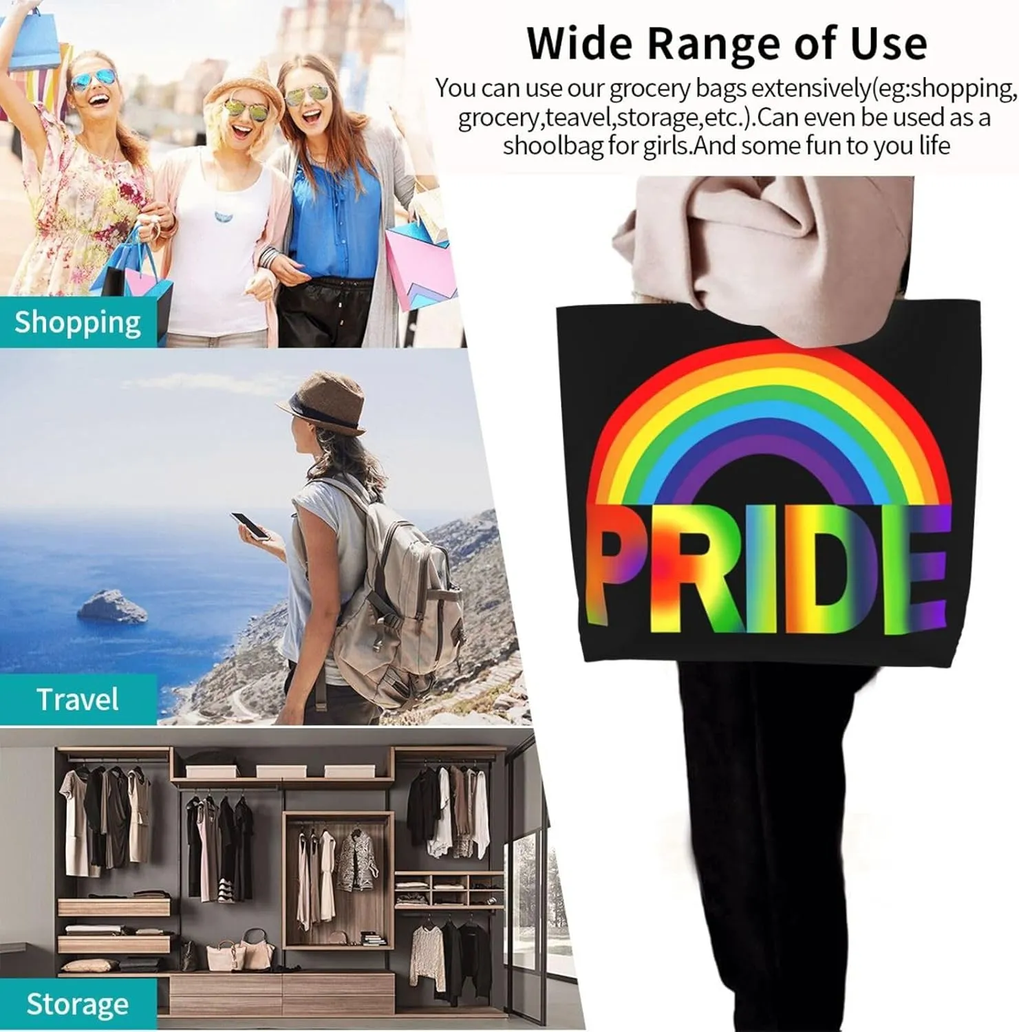 LGBT Pride Rainbow Gay allyship Heart Women's Tote Bag Large Capacity Single Shoulder Bags Handbag for Shopping Work