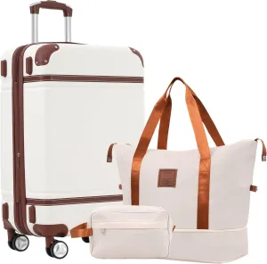 Lightweight Hardshell Luggage Set with Travel Bags, 24-Inch Suitcase and Accessories, Double Spinner Wheels, White