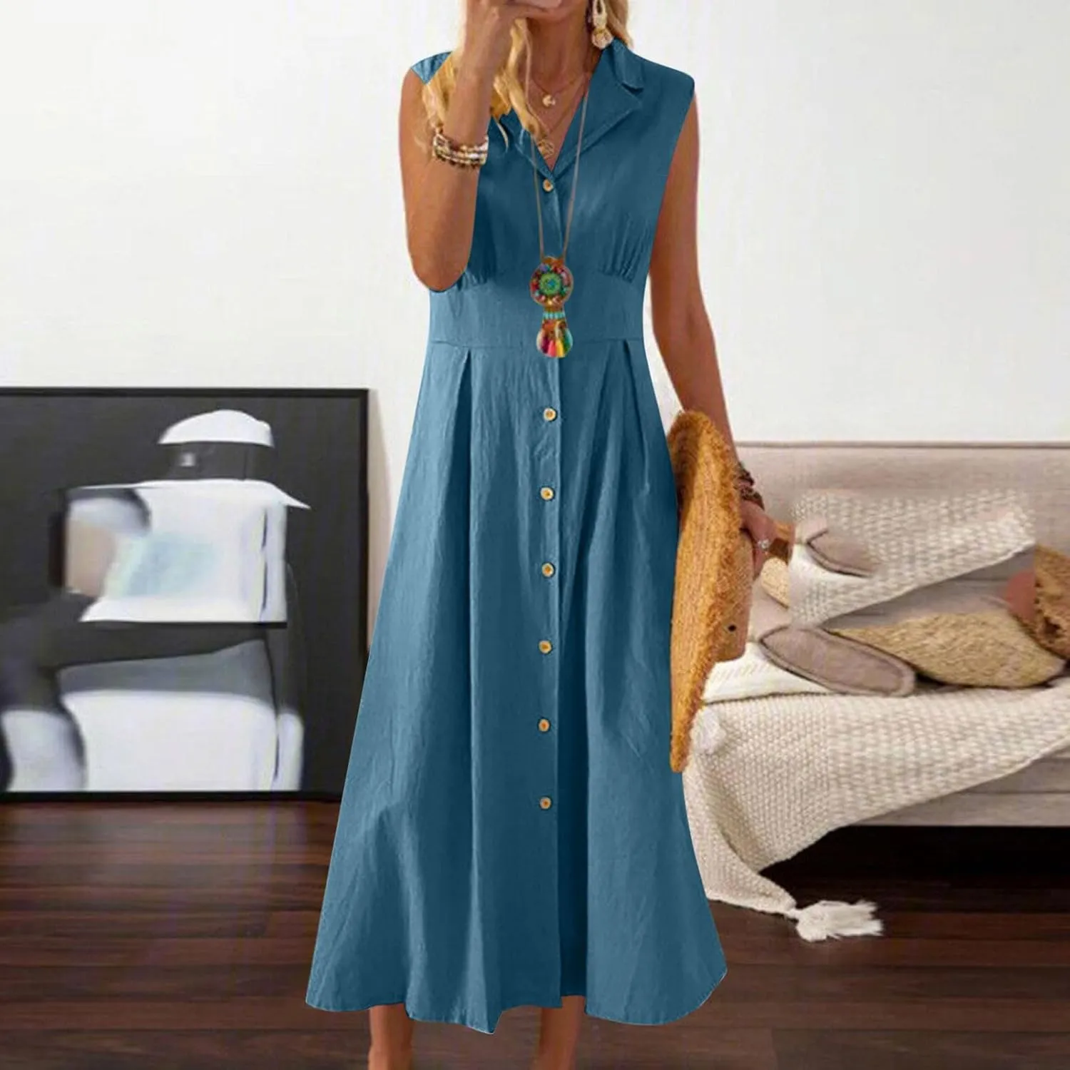 Linen Dresses for Women 2025 Casual Maxi Dress Lightweight Sleeveless Button Down Dresses V Neck Summer Beach Dresses