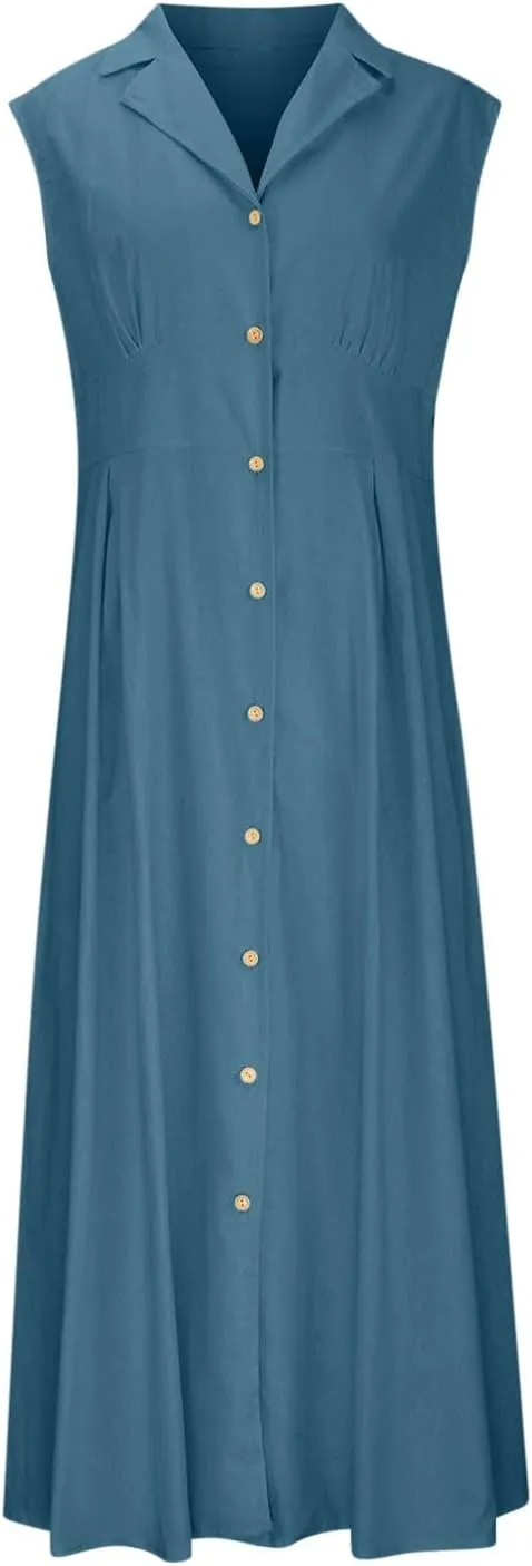 Linen Dresses for Women 2025 Casual Maxi Dress Lightweight Sleeveless Button Down Dresses V Neck Summer Beach Dresses