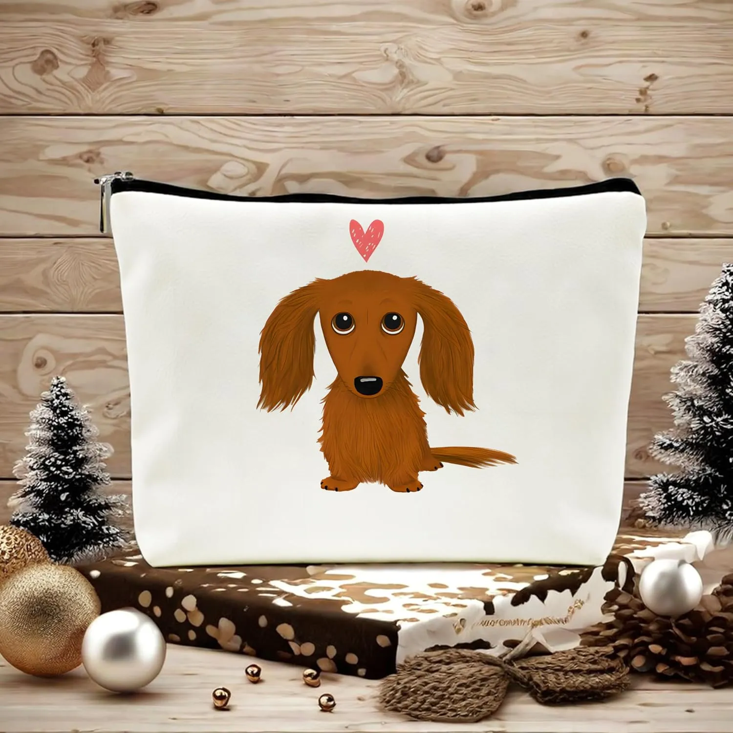 Long-haired Dachshund Cartoon Wiener Dog Heart Makeup Bag Travel Cosmetic Bags,Funny Dachshund Puppy Dog Cosmetic Makeup Bags with Zipper Pouch Travel Toiletry Case,(Pu Leather Makeup Bag)