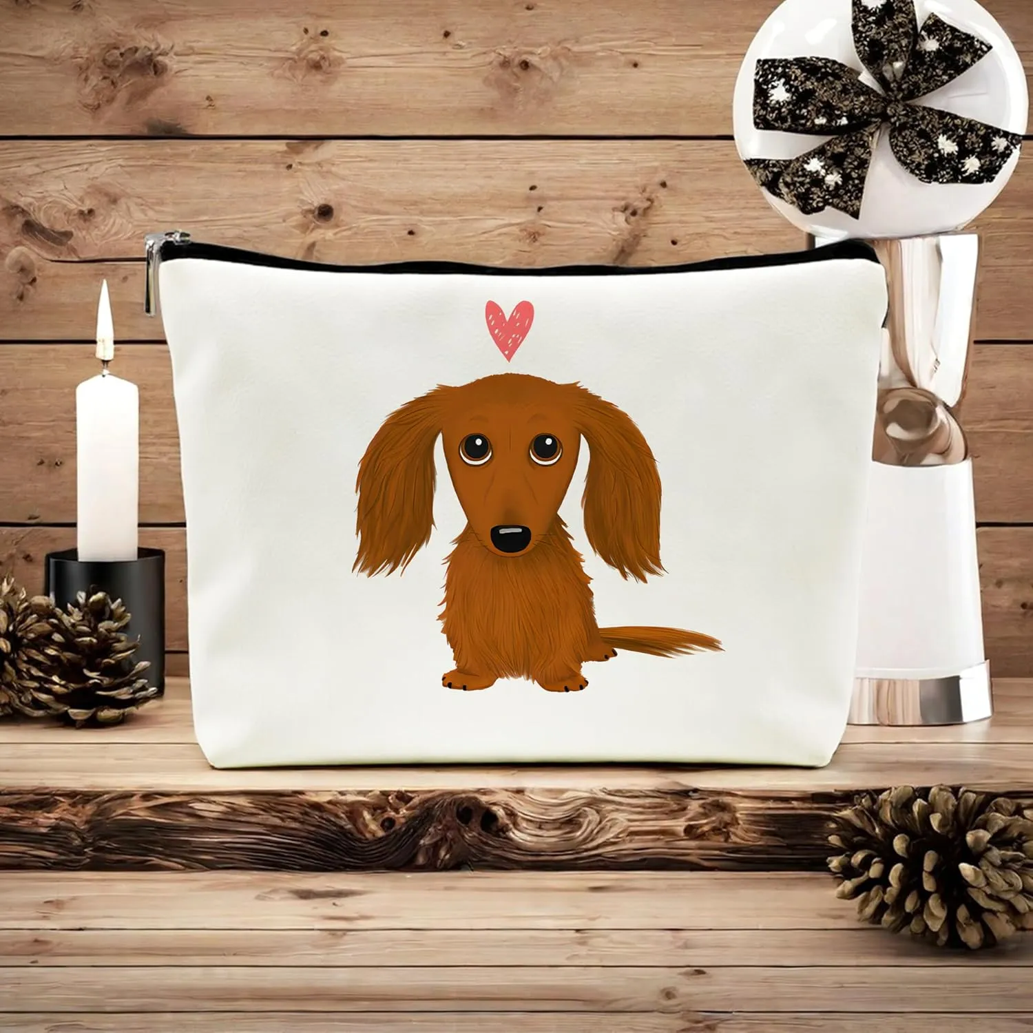 Long-haired Dachshund Cartoon Wiener Dog Heart Makeup Bag Travel Cosmetic Bags,Funny Dachshund Puppy Dog Cosmetic Makeup Bags with Zipper Pouch Travel Toiletry Case,(Pu Leather Makeup Bag)