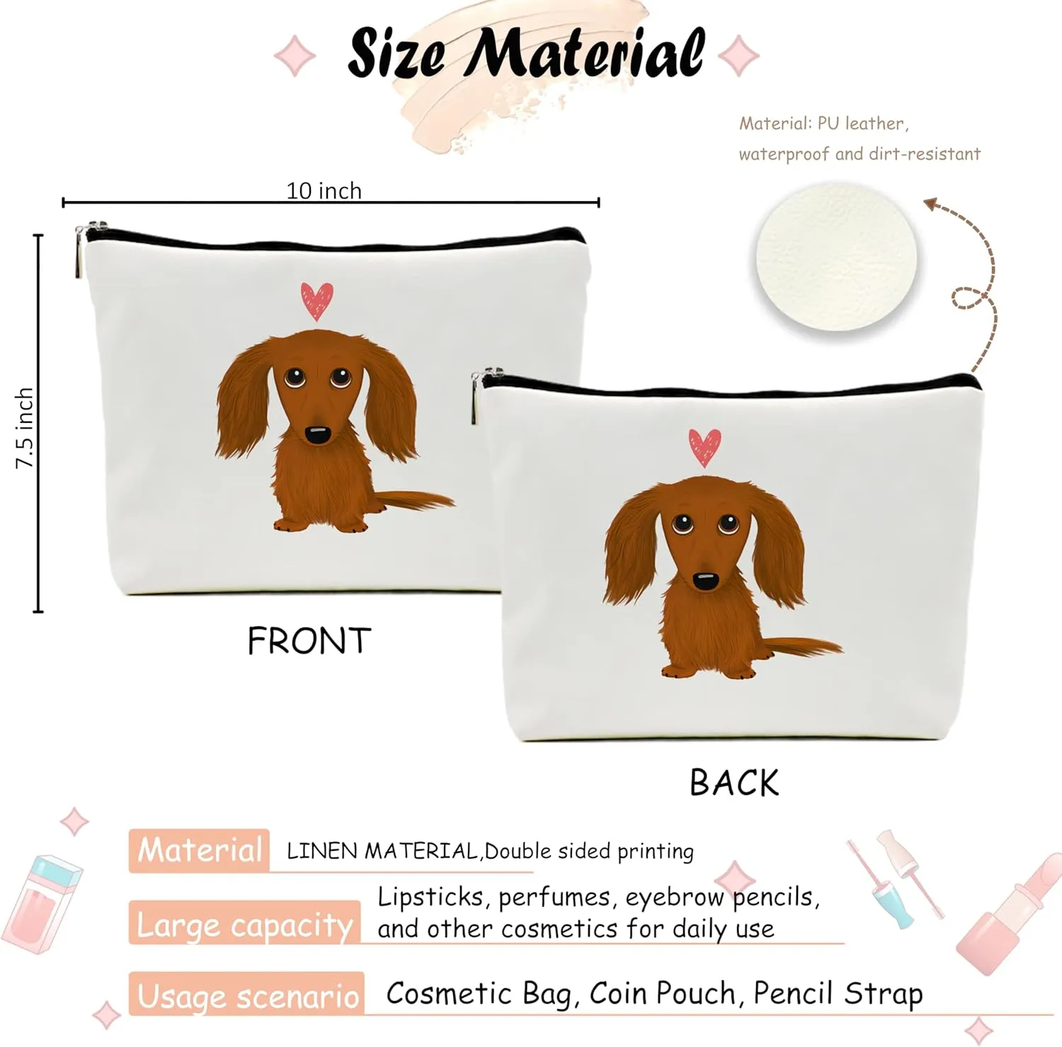 Long-haired Dachshund Cartoon Wiener Dog Heart Makeup Bag Travel Cosmetic Bags,Funny Dachshund Puppy Dog Cosmetic Makeup Bags with Zipper Pouch Travel Toiletry Case,(Pu Leather Makeup Bag)