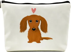Long-haired Dachshund Cartoon Wiener Dog Heart Makeup Bag Travel Cosmetic Bags,Funny Dachshund Puppy Dog Cosmetic Makeup Bags with Zipper Pouch Travel Toiletry Case,(Pu Leather Makeup Bag)