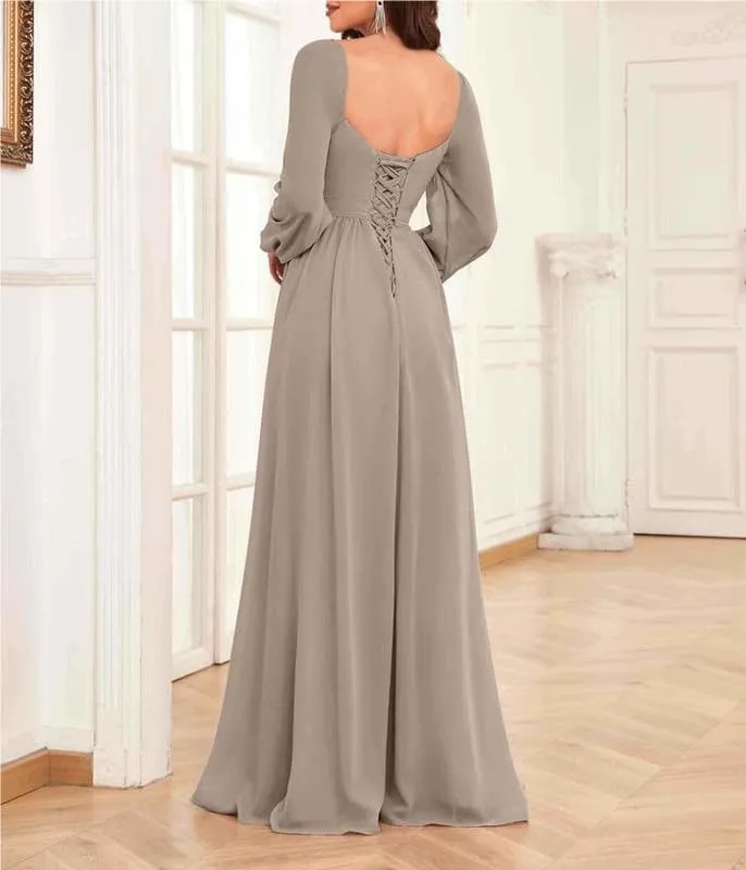 Long Sleeve Mother of The Bride Dresses for Wedding 2024 Chiffon Pleated Sweetheart Long Formal Evening Gown with Slit