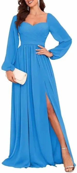 Long Sleeve Mother of The Bride Dresses for Wedding 2024 Chiffon Pleated Sweetheart Long Formal Evening Gown with Slit