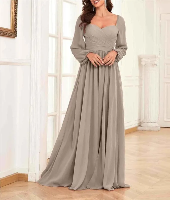 Long Sleeve Mother of The Bride Dresses for Wedding 2024 Chiffon Pleated Sweetheart Long Formal Evening Gown with Slit