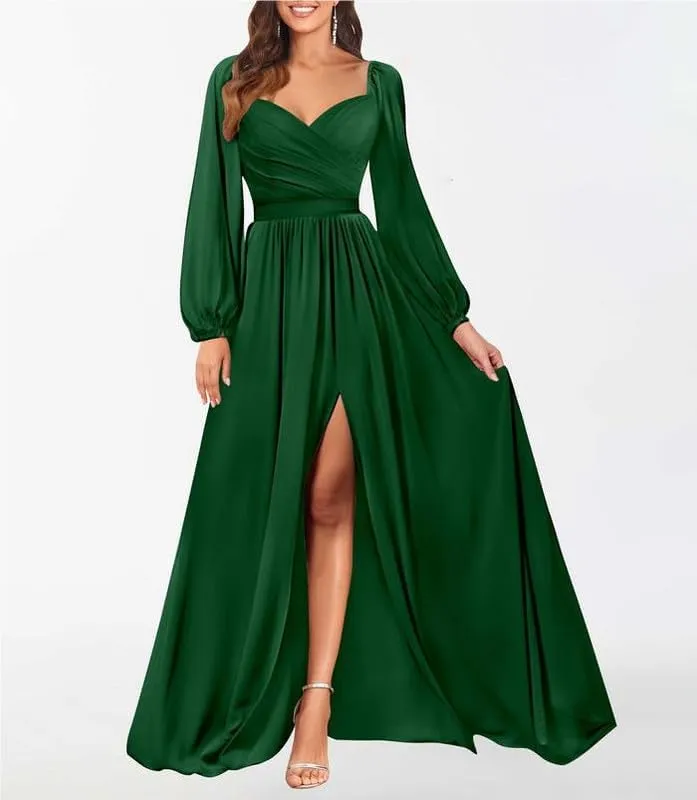 Long Sleeve Mother of The Bride Dresses for Wedding 2024 Chiffon Pleated Sweetheart Long Formal Evening Gown with Slit