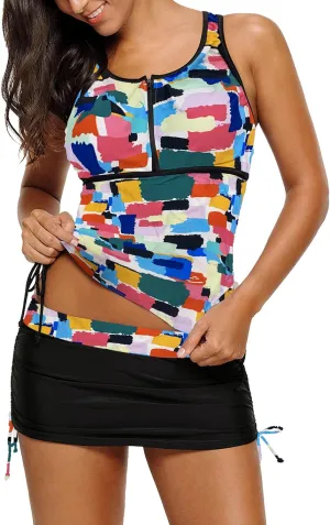 luvamia Women's 2 Pieces Print Zip Front Racerback Tankini Set Swimsuits with Skirt