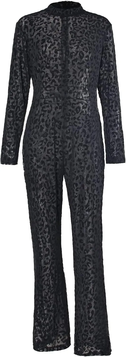 magorange Women Plus Size One Piece Jumpsuits Lace See Through Sexy Bodycon Long Sleeve Romper Clubwear