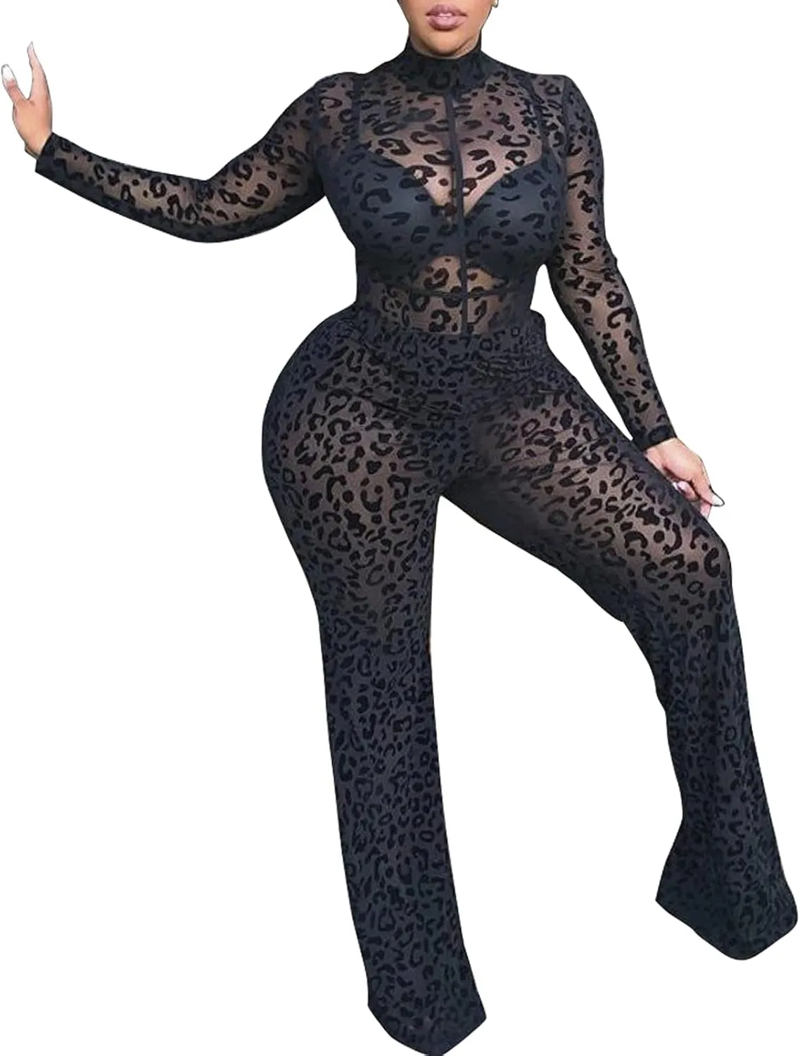 magorange Women Plus Size One Piece Jumpsuits Lace See Through Sexy Bodycon Long Sleeve Romper Clubwear