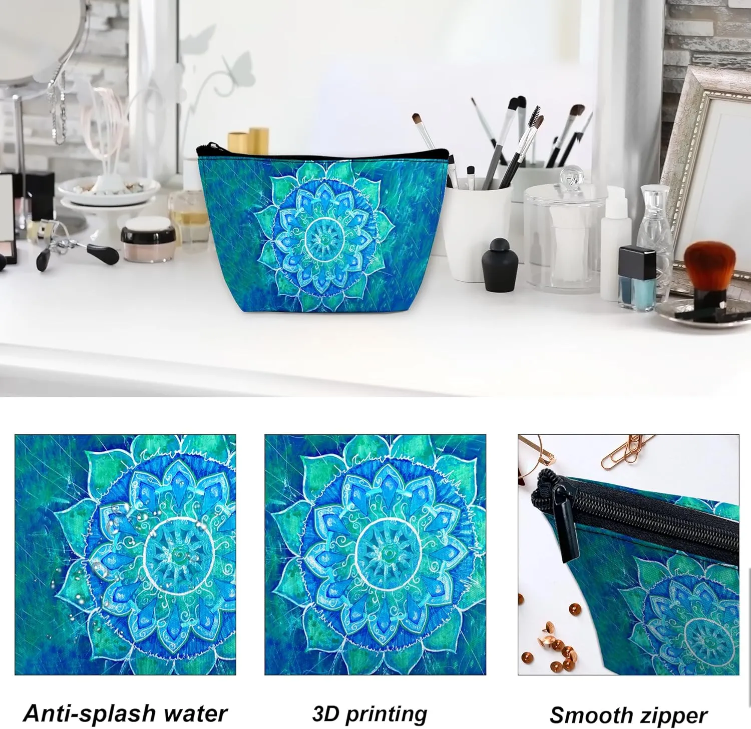 Makeup Bag Abstract Blue Mandala Cosmetic Bag for Women, Waterproof Large Capacity Travel Toiletry Organizer 9.55.9 Inch