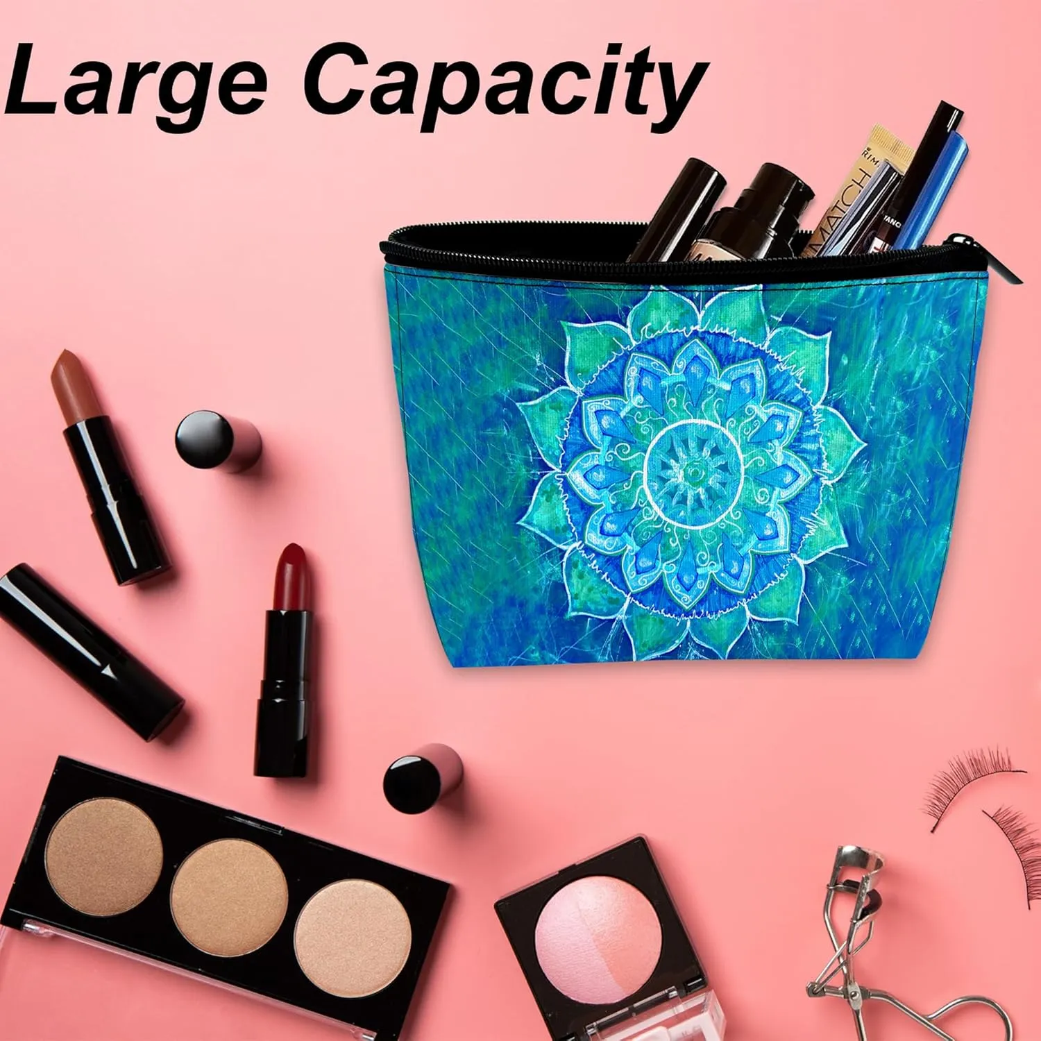 Makeup Bag Abstract Blue Mandala Cosmetic Bag for Women, Waterproof Large Capacity Travel Toiletry Organizer 9.55.9 Inch