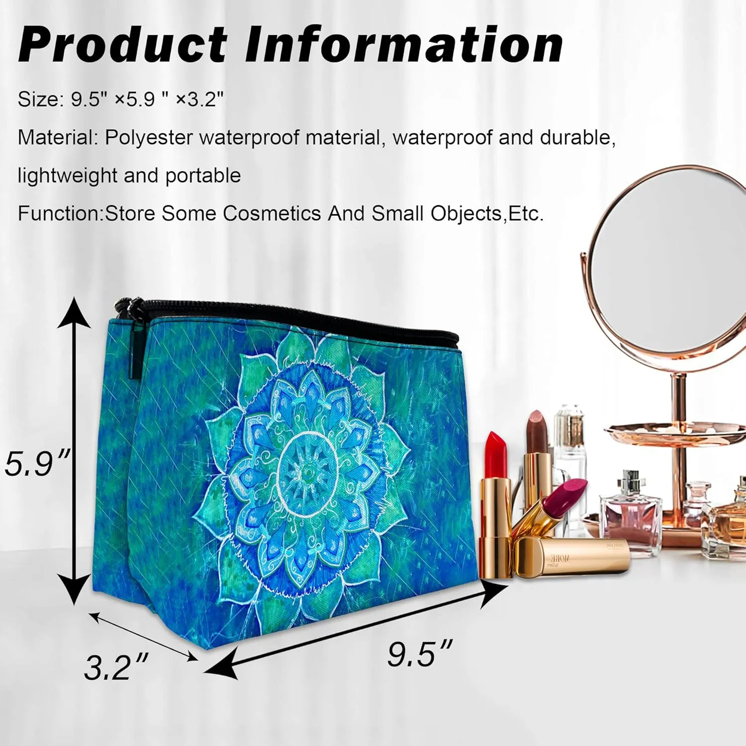 Makeup Bag Abstract Blue Mandala Cosmetic Bag for Women, Waterproof Large Capacity Travel Toiletry Organizer 9.55.9 Inch