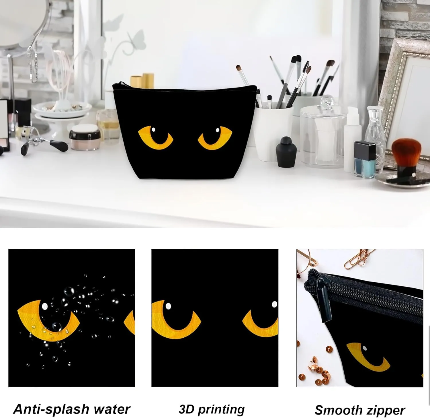 Makeup Bag for Purse, Waterproof Funny Black Cat Evil Eye Cosmetic Bag for Women, Zipper Travel Toiletry Pouch Gift 9.55.9 Inch