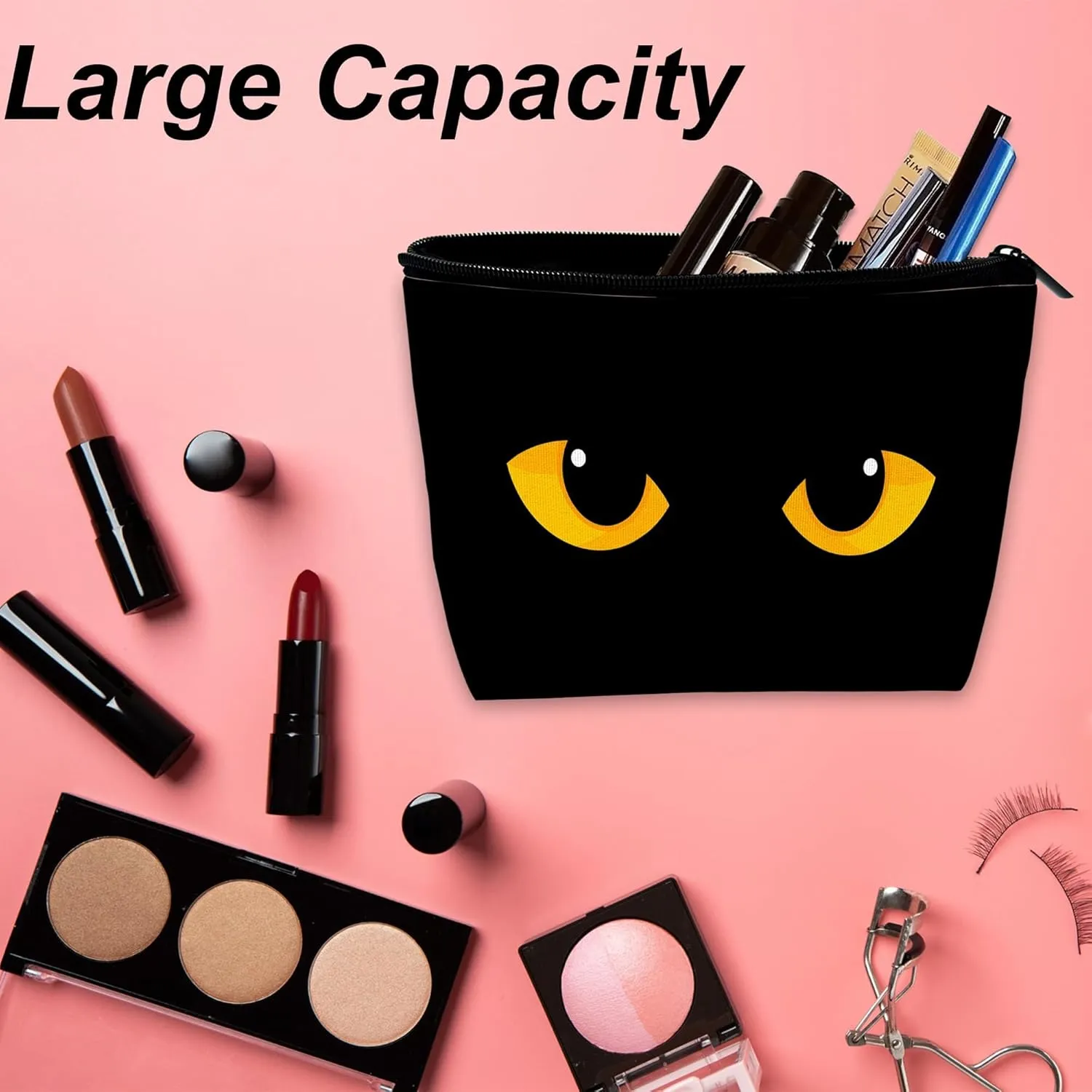 Makeup Bag for Purse, Waterproof Funny Black Cat Evil Eye Cosmetic Bag for Women, Zipper Travel Toiletry Pouch Gift 9.55.9 Inch