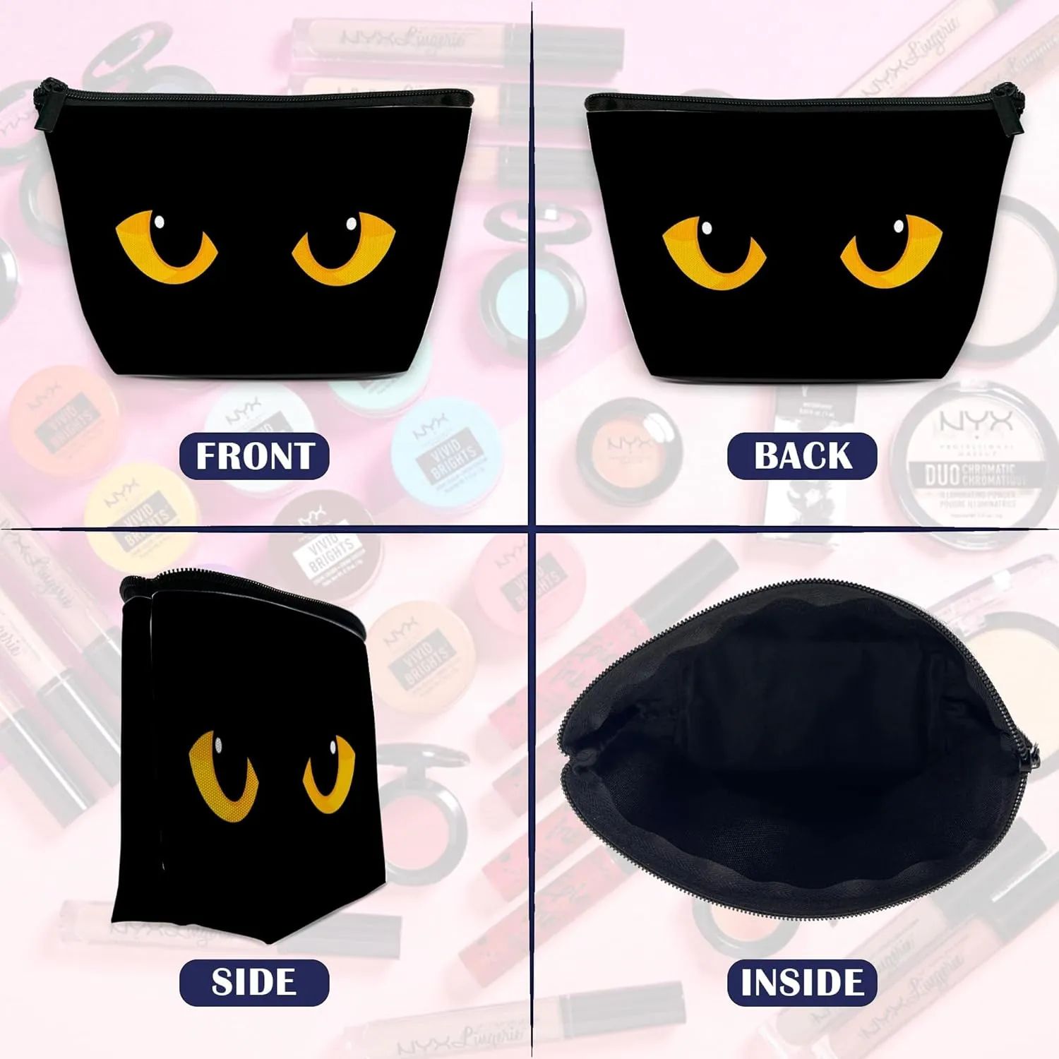 Makeup Bag for Purse, Waterproof Funny Black Cat Evil Eye Cosmetic Bag for Women, Zipper Travel Toiletry Pouch Gift 9.55.9 Inch