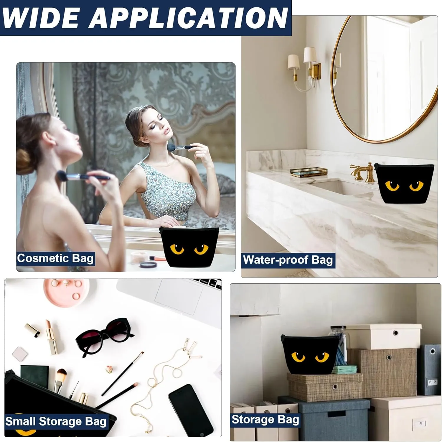 Makeup Bag for Purse, Waterproof Funny Black Cat Evil Eye Cosmetic Bag for Women, Zipper Travel Toiletry Pouch Gift 9.55.9 Inch
