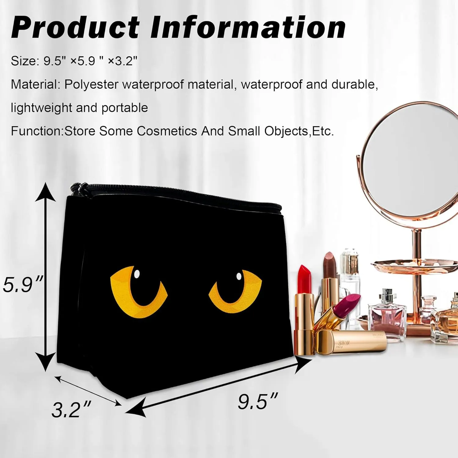 Makeup Bag for Purse, Waterproof Funny Black Cat Evil Eye Cosmetic Bag for Women, Zipper Travel Toiletry Pouch Gift 9.55.9 Inch