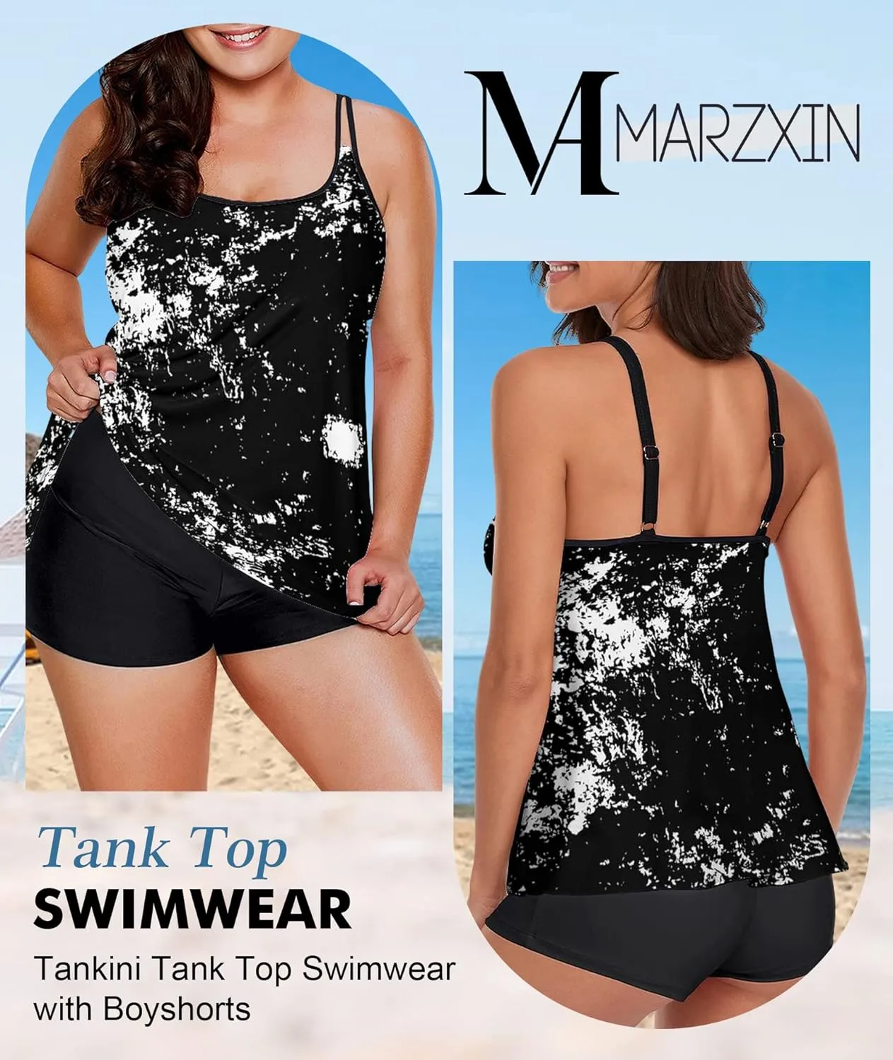 MARZXIN Tankini Swimsuit for Women Floral Two Piece Bathing Suit Swimwear Tank Top Swimwear with Boyshorts
