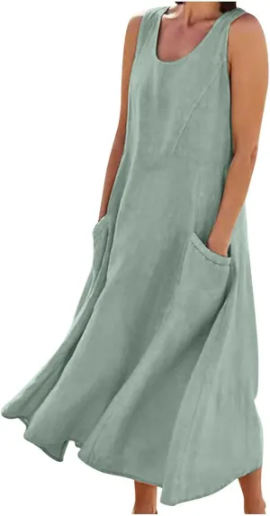 Maxi Dresses for Women 2025 Sleeveless Cotton Linen Summer Dress with Pockets Boho Beach Vacation Sundress