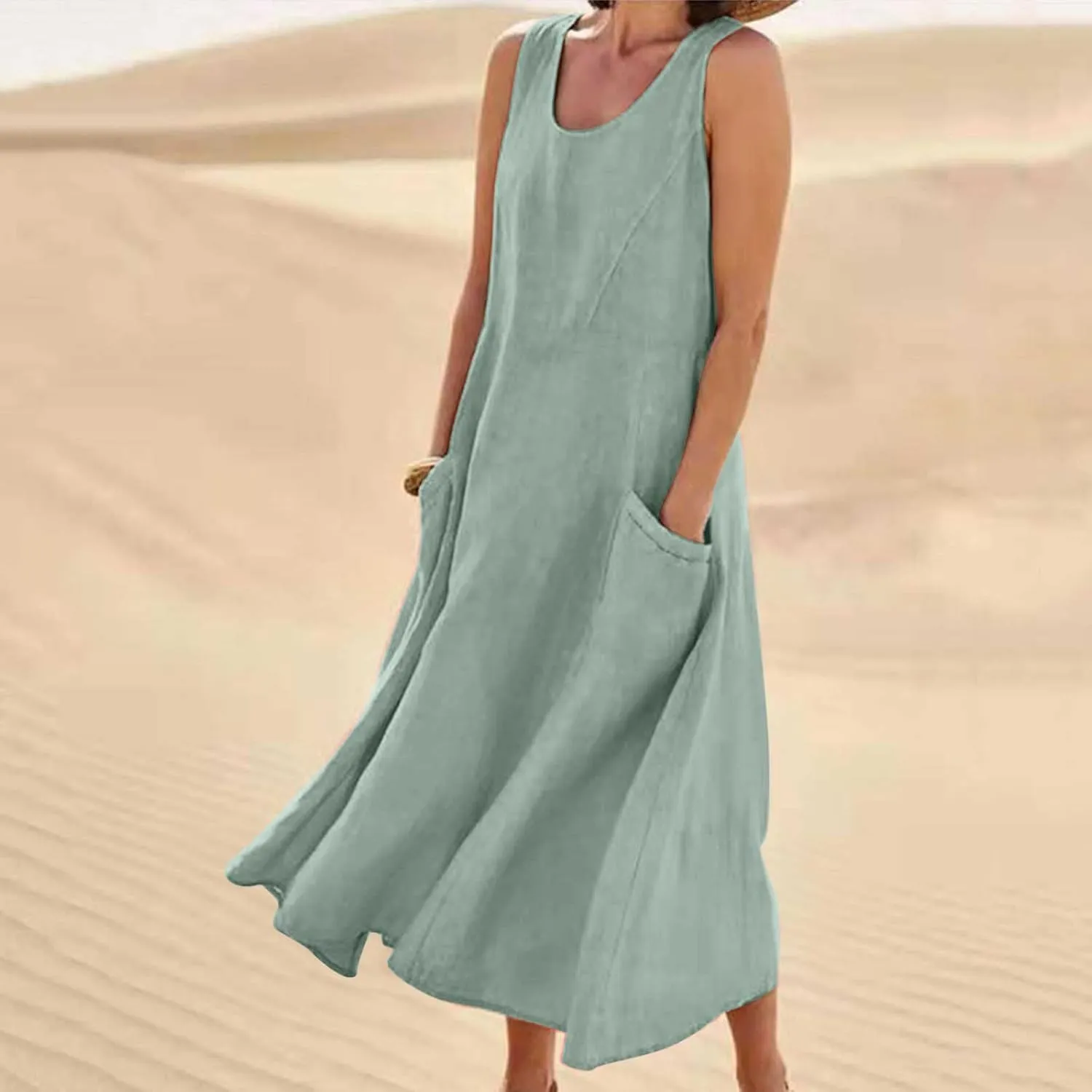 Maxi Dresses for Women 2025 Sleeveless Cotton Linen Summer Dress with Pockets Boho Beach Vacation Sundress