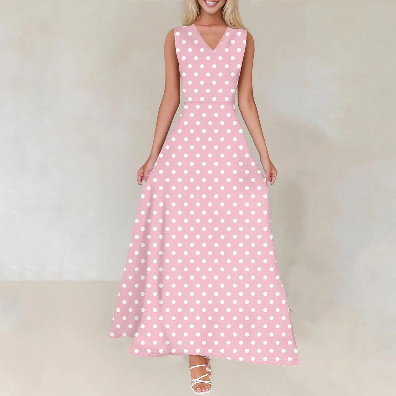 Maxi Floral Dresses for Women 2025 Vacation Sleeveless V Neck Sundress Ruffle Flowy Swing A Line Dresses Frocks