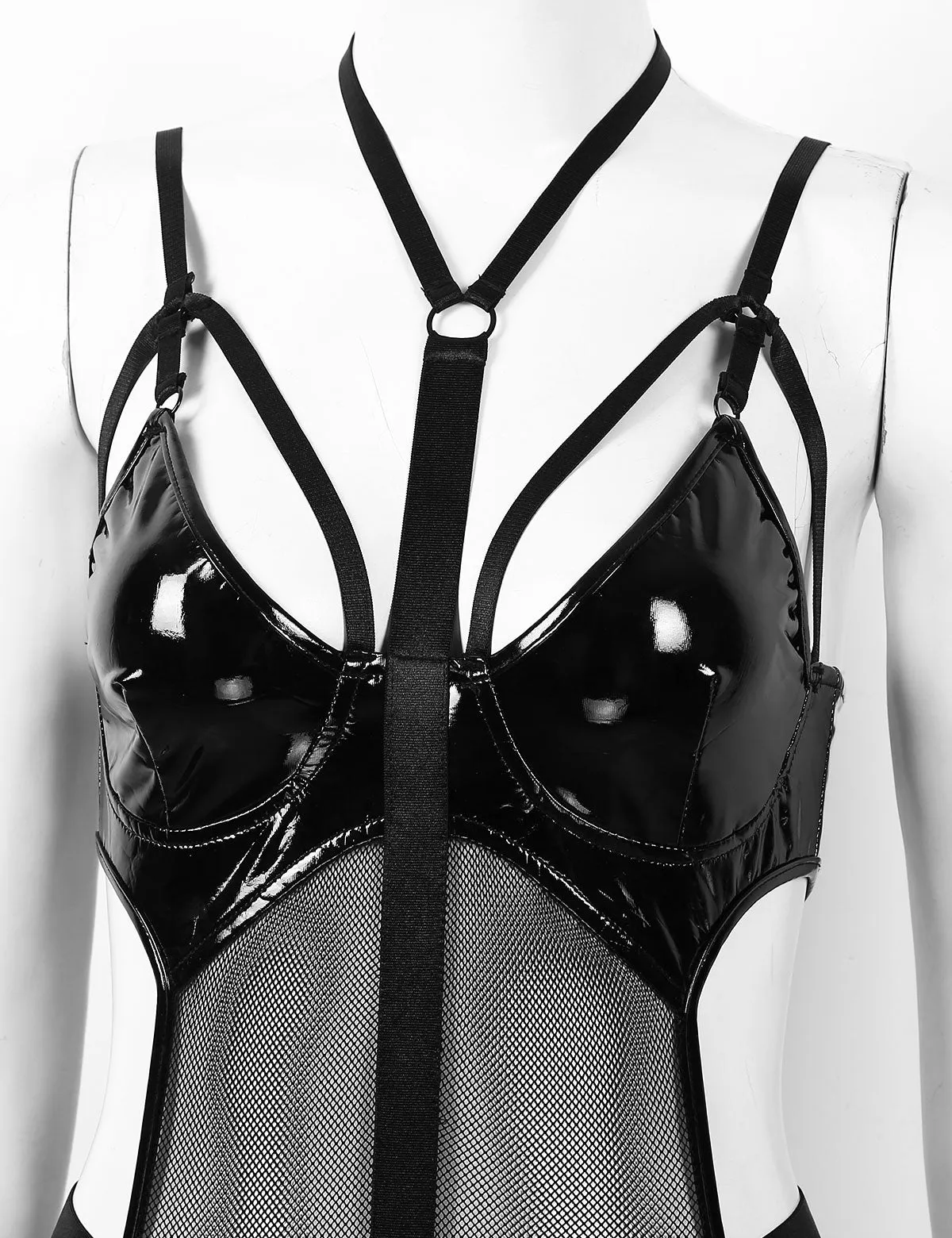 'Meet the Creeper' wet look mesh harness bodysuit