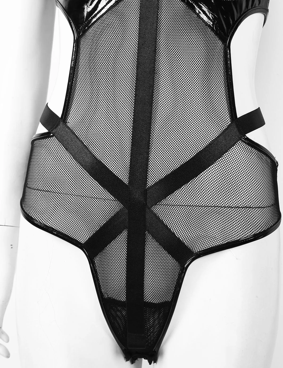 'Meet the Creeper' wet look mesh harness bodysuit