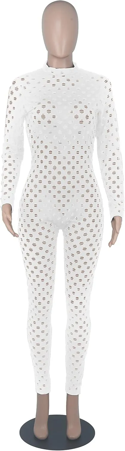 MENCCINO Sexy Club Outfits for Women One Piece Jumpsuits Long Sleeve Bodysuits Bodycon Leggings Pants Suits