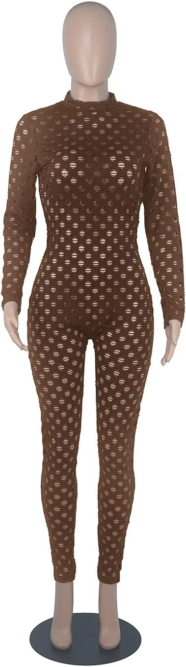 MENCCINO Sexy Club Outfits for Women One Piece Jumpsuits Long Sleeve Bodysuits Bodycon Leggings Pants Suits