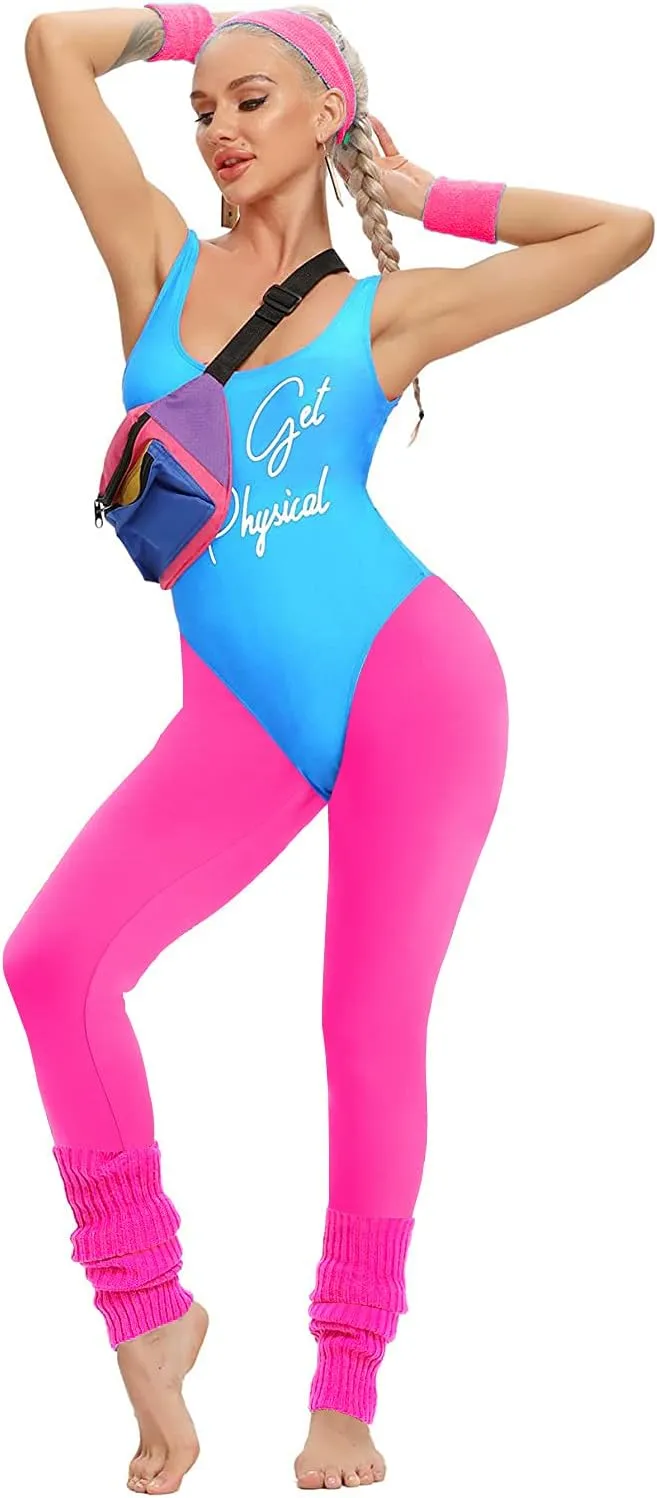 MIAIULIA Womens 80s Workout Costume Outfit 80s Accessories Set Leotard Neon Legging Headband Wristbands Set